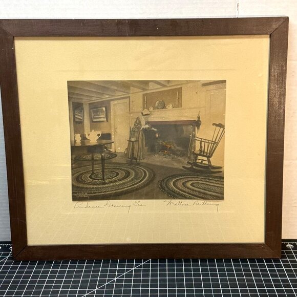 "Prudence Drawing Tea" Vintage Wallace Nutting Print In Wooden Frame - Picture 6 of 9